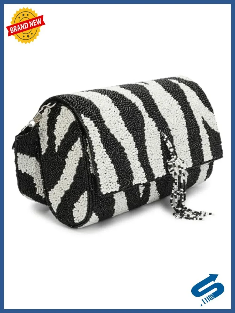 Hand-Beaded Zebra Print Clutch Purse with Detachable Crossbody Strap